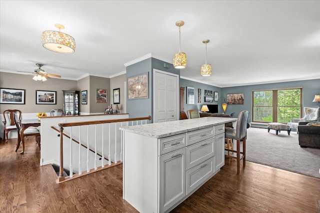 kitchen featuring pendant lighting, ornamental molding, a kitchen island, and open floor plan