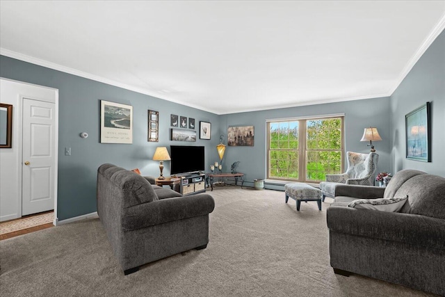living area with carpet flooring, crown molding, and baseboards