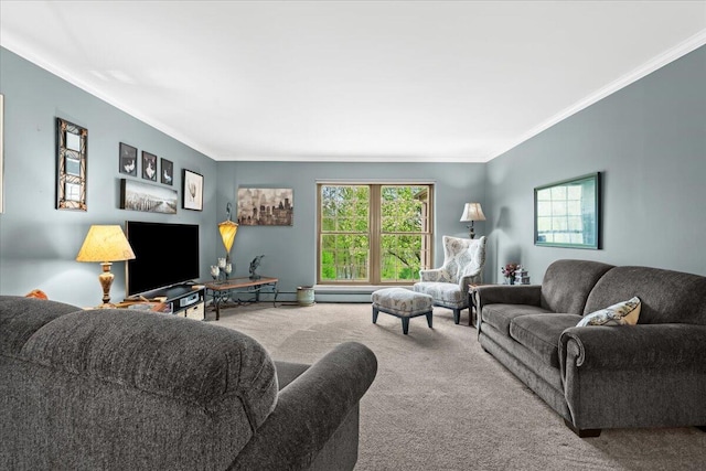carpeted living room featuring a baseboard heating unit and crown molding
