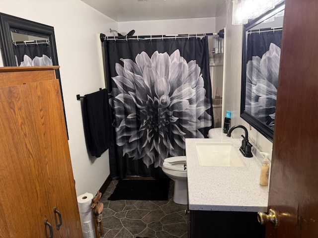 bathroom featuring vanity, a shower with curtain, and toilet