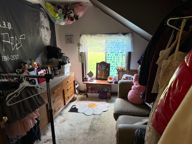 carpeted bedroom featuring vaulted ceiling