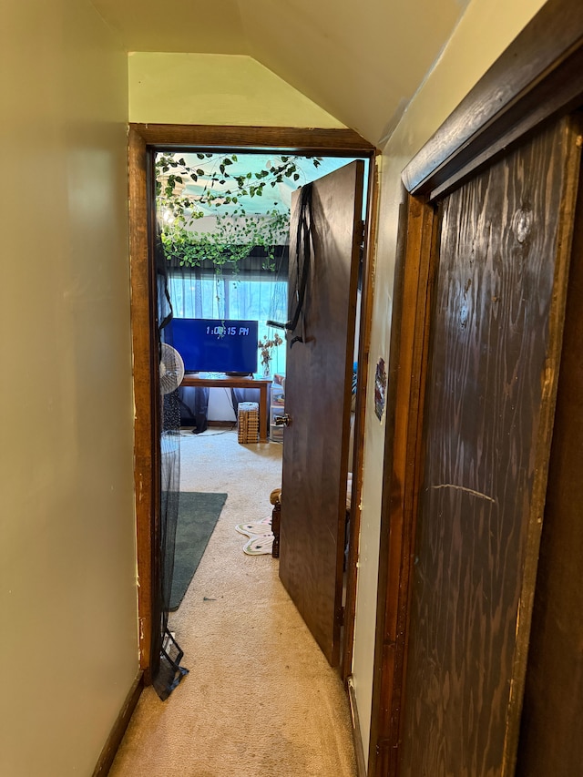 hall featuring carpet flooring and lofted ceiling