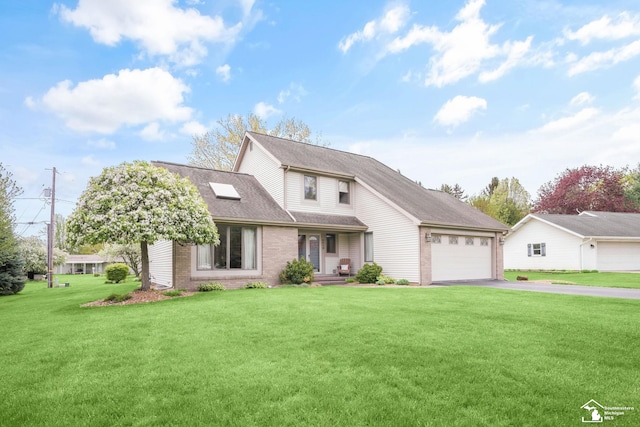 traditional home with an attached garage, a shingled roof, a front lawn, brick siding, and driveway