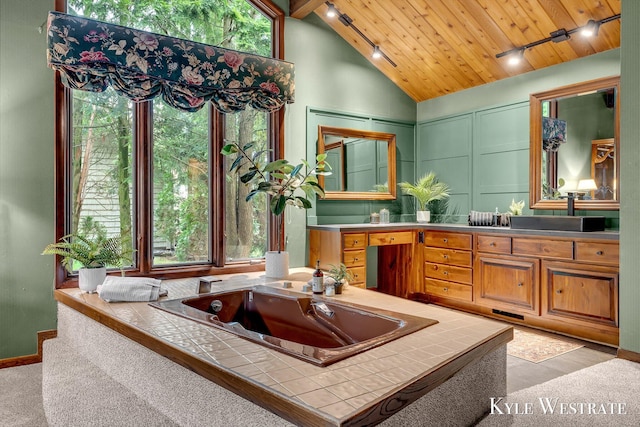 bathroom featuring rail lighting, wood ceiling, double vanity, and a sink