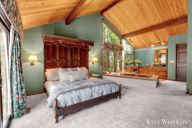 carpeted bedroom featuring baseboards, beamed ceiling, high vaulted ceiling, and wooden ceiling