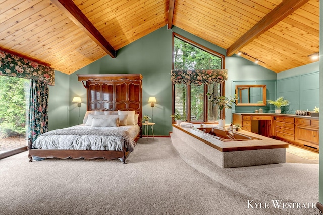 bedroom featuring carpet, wood ceiling, high vaulted ceiling, and beam ceiling