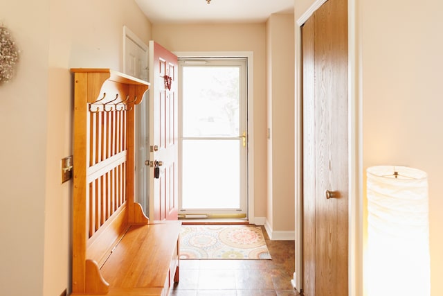 entryway featuring baseboards, tile patterned flooring, and plenty of natural light