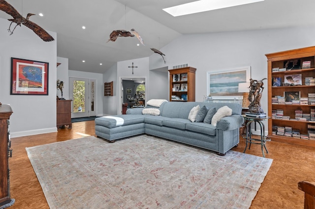 3370 Breezewood, Ortonville, MI 48462 - living room featuring a skylight, baseboards, high vaulted ceiling, and recessed lighting