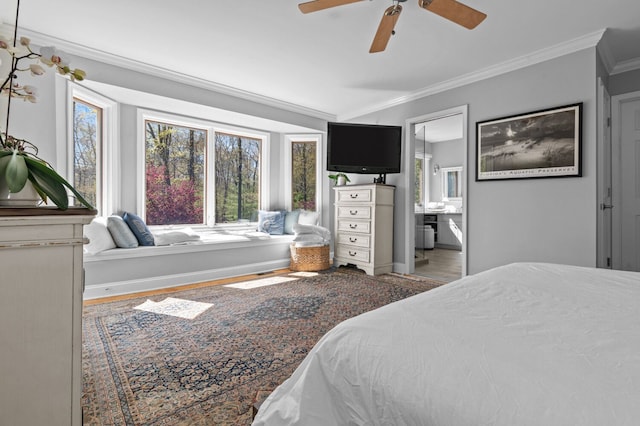 3370 Breezewood, Ortonville, MI 48462 - bedroom with crown molding, light wood-type flooring, a ceiling fan, and ensuite bath