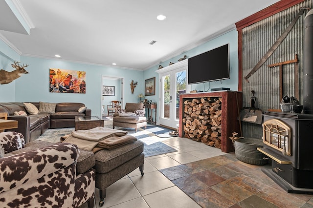 3370 Breezewood, Ortonville, MI 48462 - living room featuring a wood stove, crown molding, and recessed lighting
