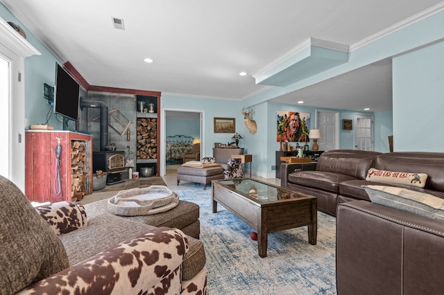 3370 Breezewood, Ortonville, MI 48462 - living area with a wood stove, crown molding, and recessed lighting