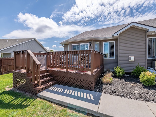 exterior space featuring roof with shingles, fence, and a wooden deck