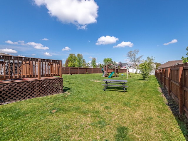 view of yard featuring a fenced backyard, a deck, and a playground