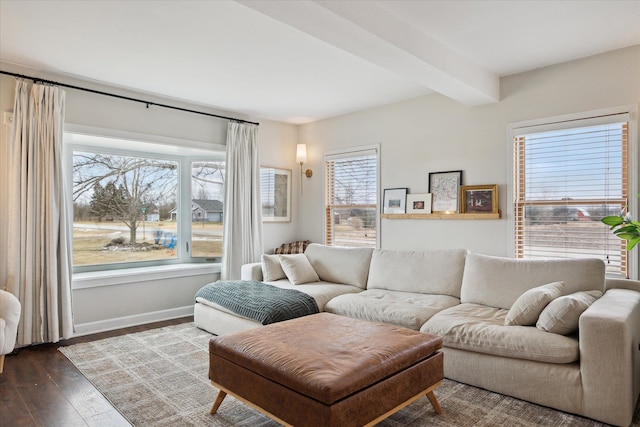 living area with baseboards and dark wood-style flooring