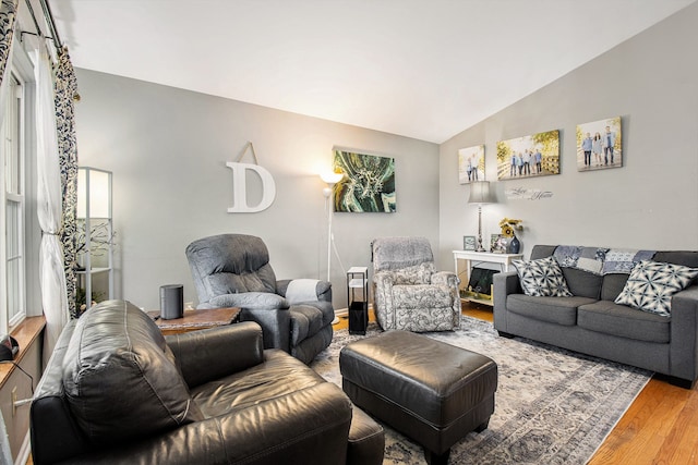 living room featuring wood finished floors and lofted ceiling