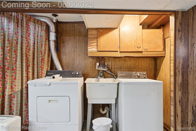 42127 Addison Ave, Canton, MI 48187 - laundry area featuring cabinet space, washer and clothes dryer, and wooden walls