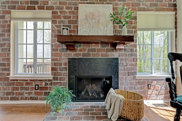 details featuring wood finished floors, a fireplace, and baseboards