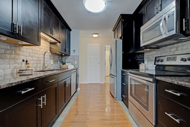 kitchen featuring light wood finished floors, a sink, dark stone counters, stainless steel appliances, and backsplash