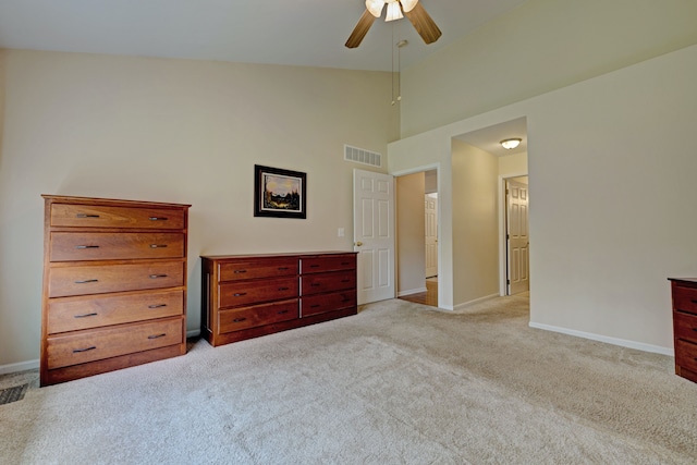 bedroom featuring light colored carpet, high vaulted ceiling, visible vents, a ceiling fan, and baseboards