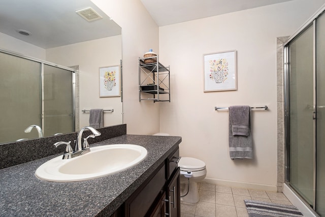 bathroom featuring toilet, a stall shower, tile patterned floors, visible vents, and baseboards