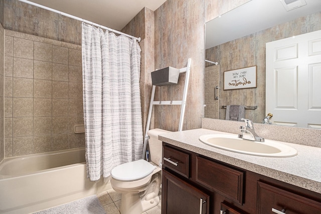 full bathroom featuring toilet, visible vents, shower / bath combination with curtain, tile patterned flooring, and vanity