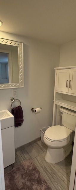 bathroom with toilet, wood finished floors, and vanity