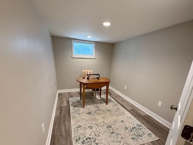 home office featuring baseboards, dark wood-style flooring, and recessed lighting