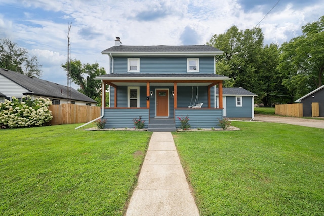 bungalow-style home with covered porch, fence, a front lawn, and a chimney