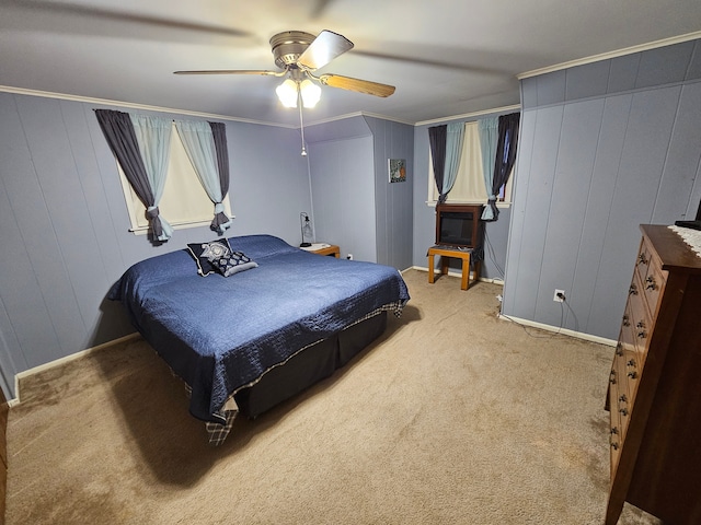 3544 Burnsline Rd, Brown City, MI 48416 - bedroom featuring light colored carpet, ornamental molding, baseboards, and ceiling fan