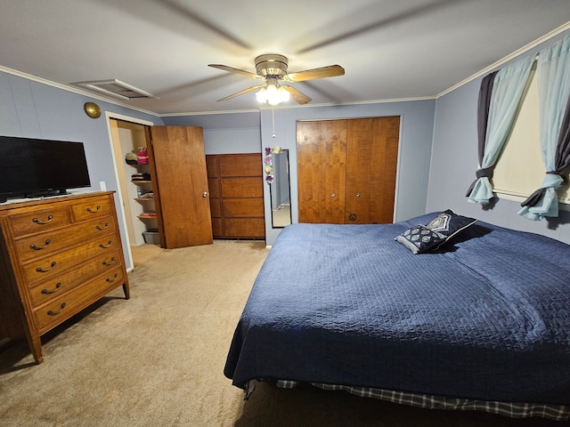 3544 Burnsline Rd, Brown City, MI 48416 - bedroom with a ceiling fan, attic access, crown molding, and light colored carpet
