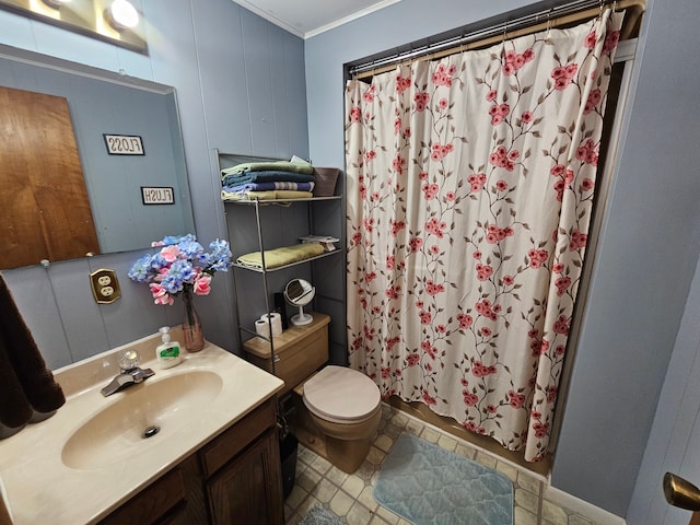 3544 Burnsline Rd, Brown City, MI 48416 - bathroom featuring crown molding, toilet, a shower with shower curtain, and vanity