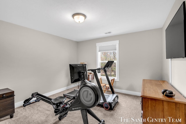exercise room with carpet flooring, baseboards, and visible vents