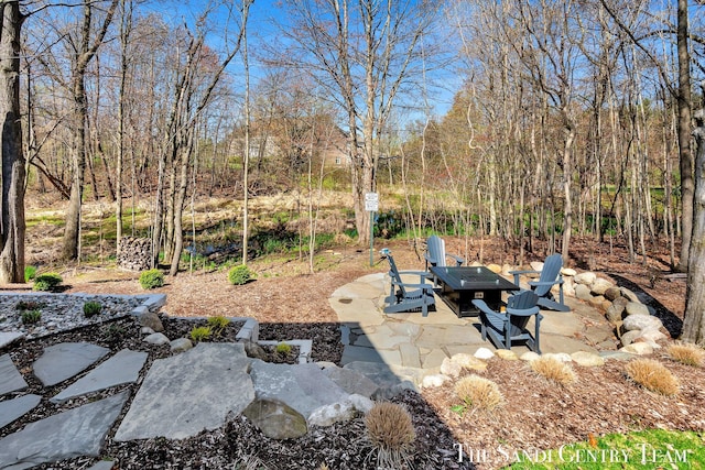 view of yard with an outdoor fire pit and a patio