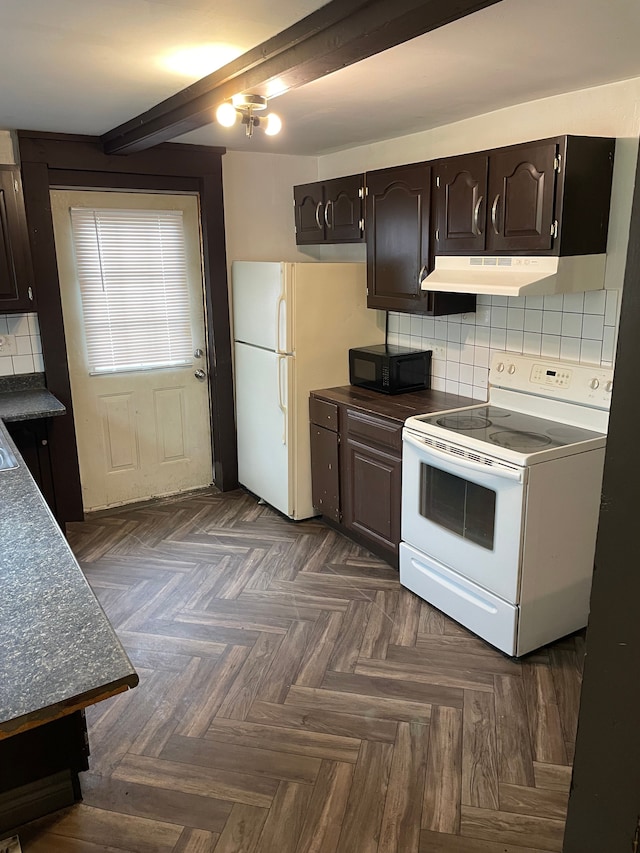 kitchen featuring under cabinet range hood, dark brown cabinets, white appliances, beamed ceiling, and tasteful backsplash