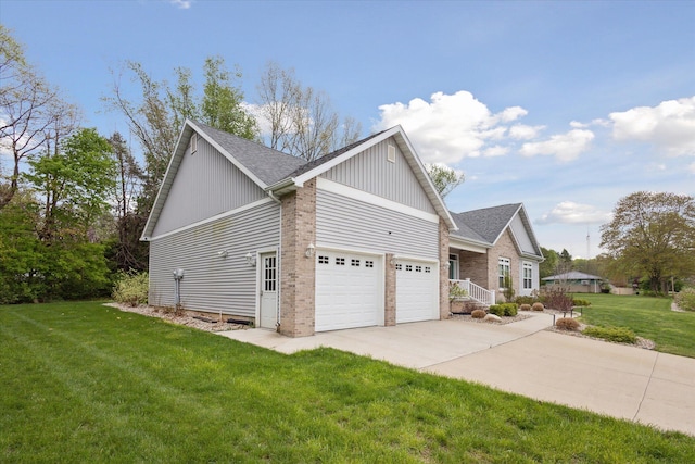 view of property exterior with brick siding, concrete driveway, a garage, a lawn, and a shingled roof