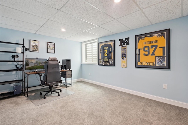 carpeted home office with recessed lighting, baseboards, and a drop ceiling