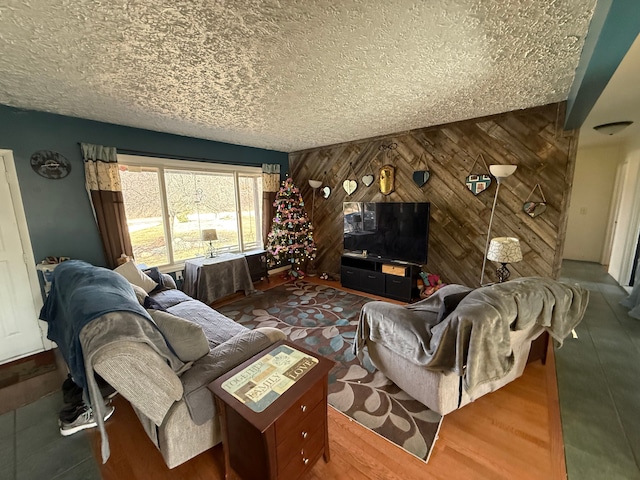 15183 Yale Rd, Lynn, MI 48097 - living area featuring wooden walls and a textured ceiling