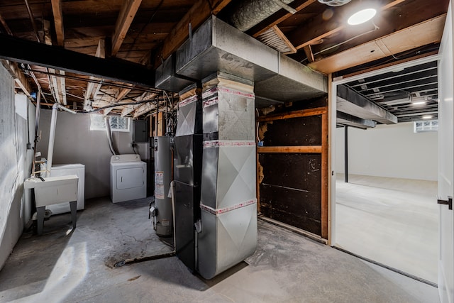 basement featuring a sink, water heater, electric panel, and heating unit