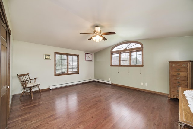 unfurnished room featuring a baseboard heating unit, dark wood-style flooring, baseboards, ceiling fan, and vaulted ceiling