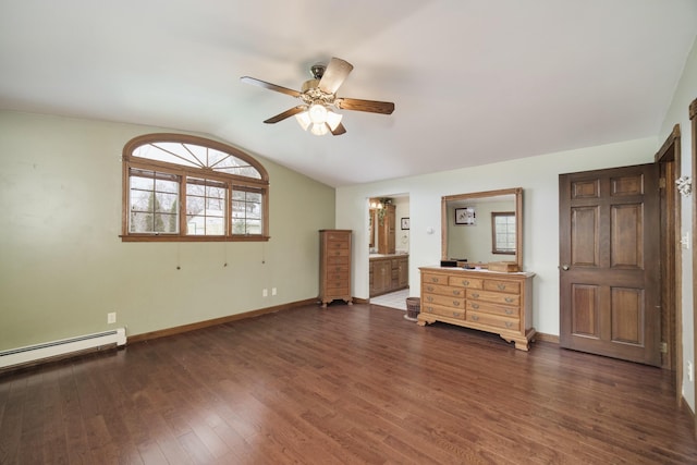 unfurnished bedroom with vaulted ceiling, a baseboard radiator, baseboards, and dark wood-style floors