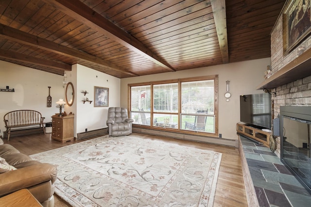 living area featuring wood finished floors, wooden ceiling, a fireplace, baseboard heating, and vaulted ceiling with beams