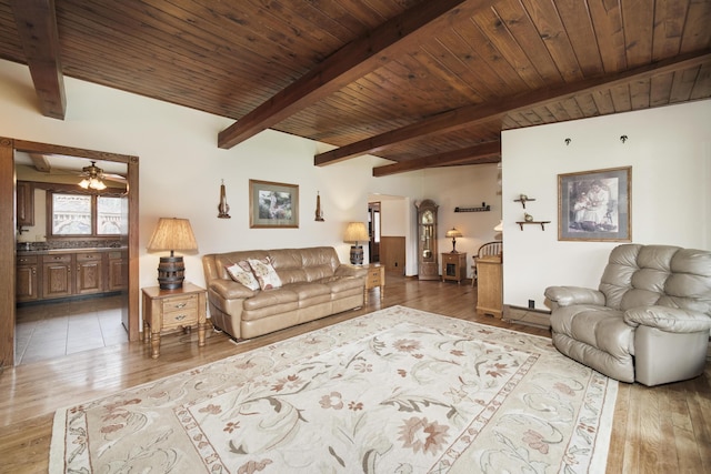 living room featuring wooden ceiling, beamed ceiling, and wood finished floors