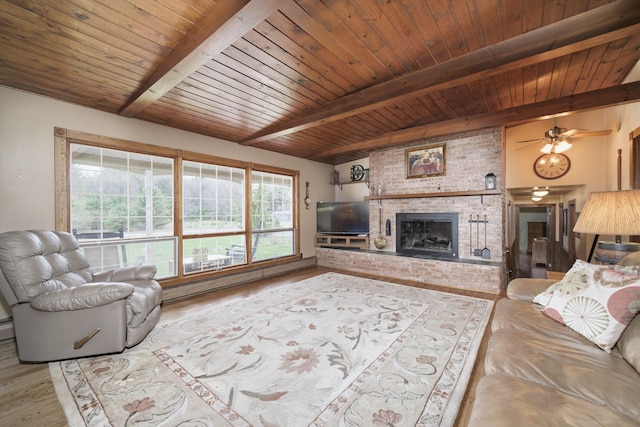 living room featuring beamed ceiling, plenty of natural light, and wooden ceiling