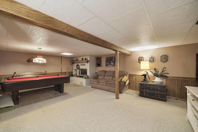 game room with pool table, a fireplace, wainscoting, and carpet floors