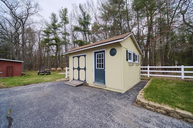 view of shed featuring fence