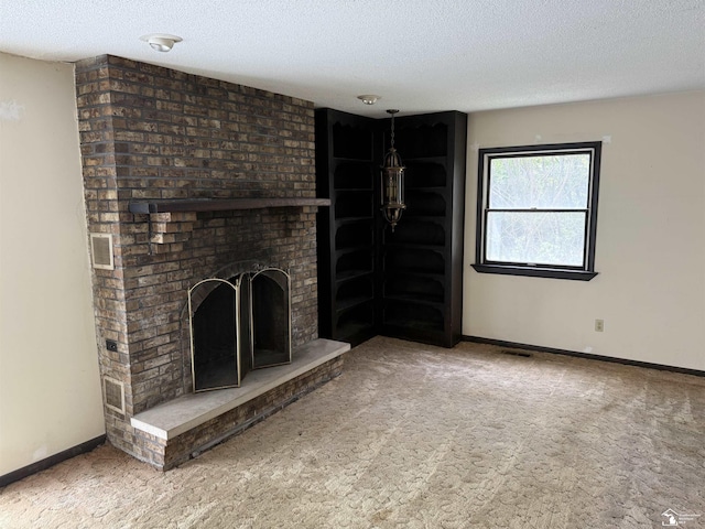 8367 S Douglas Rd, Bedford, MI 48144 - unfurnished living room featuring carpet, a brick fireplace, a textured ceiling, and baseboards