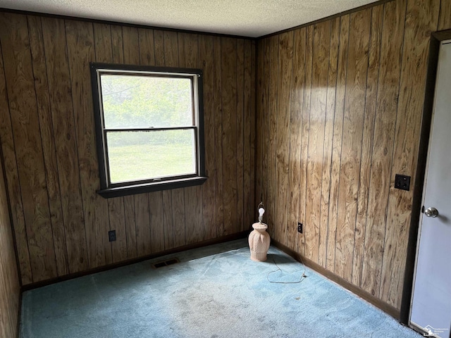 8367 S Douglas Rd, Bedford, MI 48144 - unfurnished room with carpet, a textured ceiling, baseboards, visible vents, and wood walls