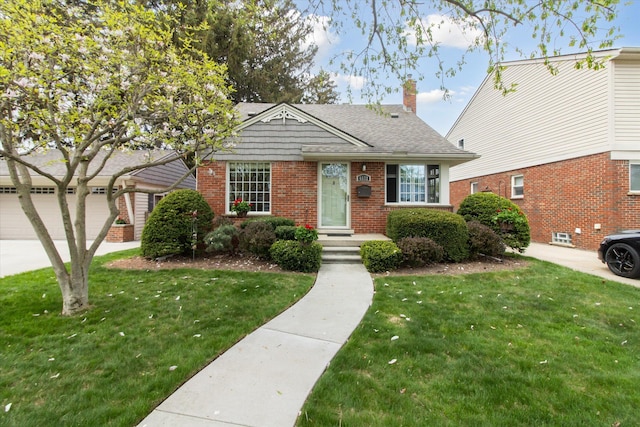 6572 Larme Ave, Allen Park, MI 48101 - view of front of property featuring roof with shingles, brick siding, a garage, a front yard, and a chimney