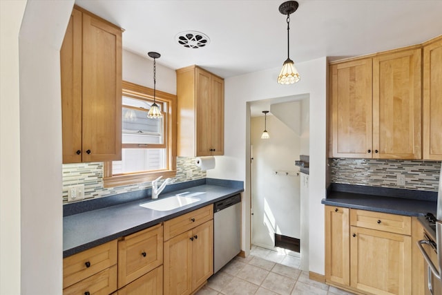 6572 Larme Ave, Allen Park, MI 48101 - kitchen with backsplash, dark countertops, a sink, and dishwasher