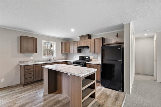 kitchen featuring black appliances, ornamental molding, open shelves, and under cabinet range hood